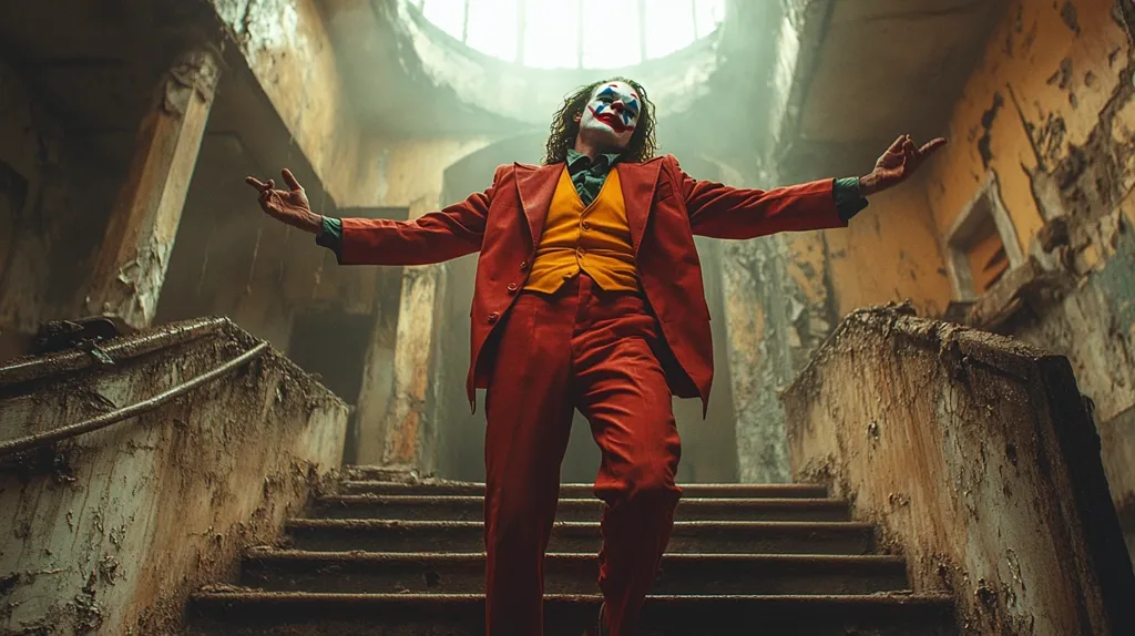 A figure, styled as the Joker from the 2019 film, stands dramatically on a decaying staircase within a dilapidated building.  His vibrant red suit and clown makeup contrast sharply with the grimy, crumbling architecture.  Arms outstretched, he seems to embrace or command the dilapidated surroundings, creating a visually striking image of chaos and decay.  Light streams from a dome above, highlighting the character against the darkened backdrop.