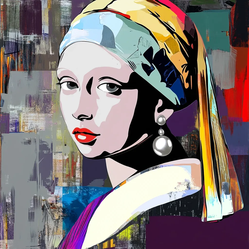This is a vibrant, stylized portrait of a woman reminiscent of Vermeer's "Girl with a Pearl Earring."  The painting uses bold, impasto brushstrokes and a fragmented, almost cubist approach to the background.  The subject's face is rendered in a more graphic style, with sharp lines contrasting against the textured backdrop.  Her yellow and blue headdress is a focal point, complemented by large, pearl earrings. The overall effect is a modern interpretation of a classic image, full of energy and color.