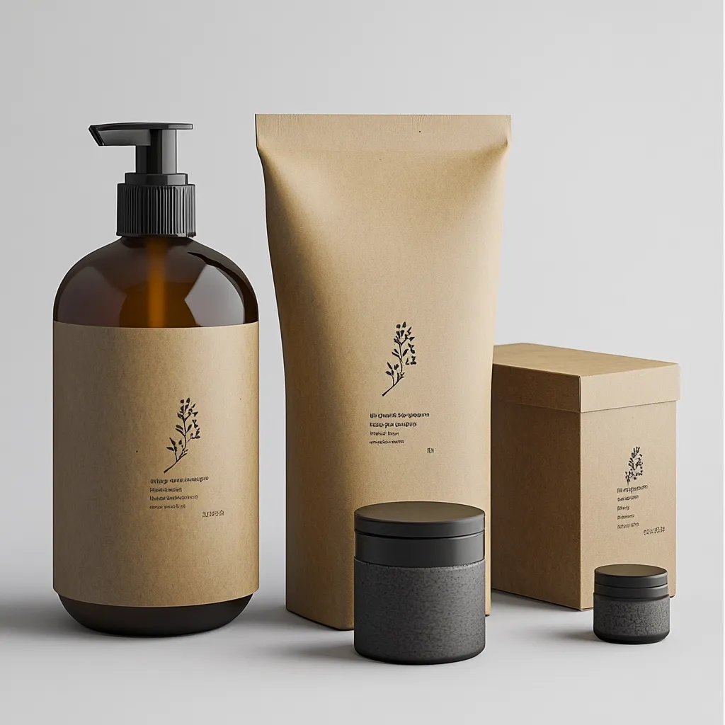A minimalist product display showcases amber glass bottles, kraft paper pouches and boxes, and dark gray containers.  Each item features a simple, botanical-inspired logo and minimal text, mostly in an unfamiliar language. The packaging suggests natural or organic products, possibly bath or skincare items.  The overall aesthetic is clean, modern, and subtly luxurious.  The neutral background emphasizes the design's simplicity.