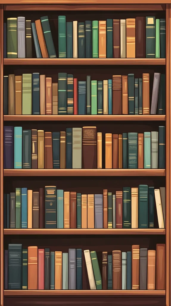 A tall wooden bookcase is filled with numerous books, neatly arranged on five shelves. The books vary in color and size, displaying a diverse collection.  Their spines show a range of hues, predominantly earth tones and muted colors.  The wood of the bookcase is a rich, dark brown, providing a warm contrast to the book spines.  The image suggests a well-loved and carefully curated library or study.