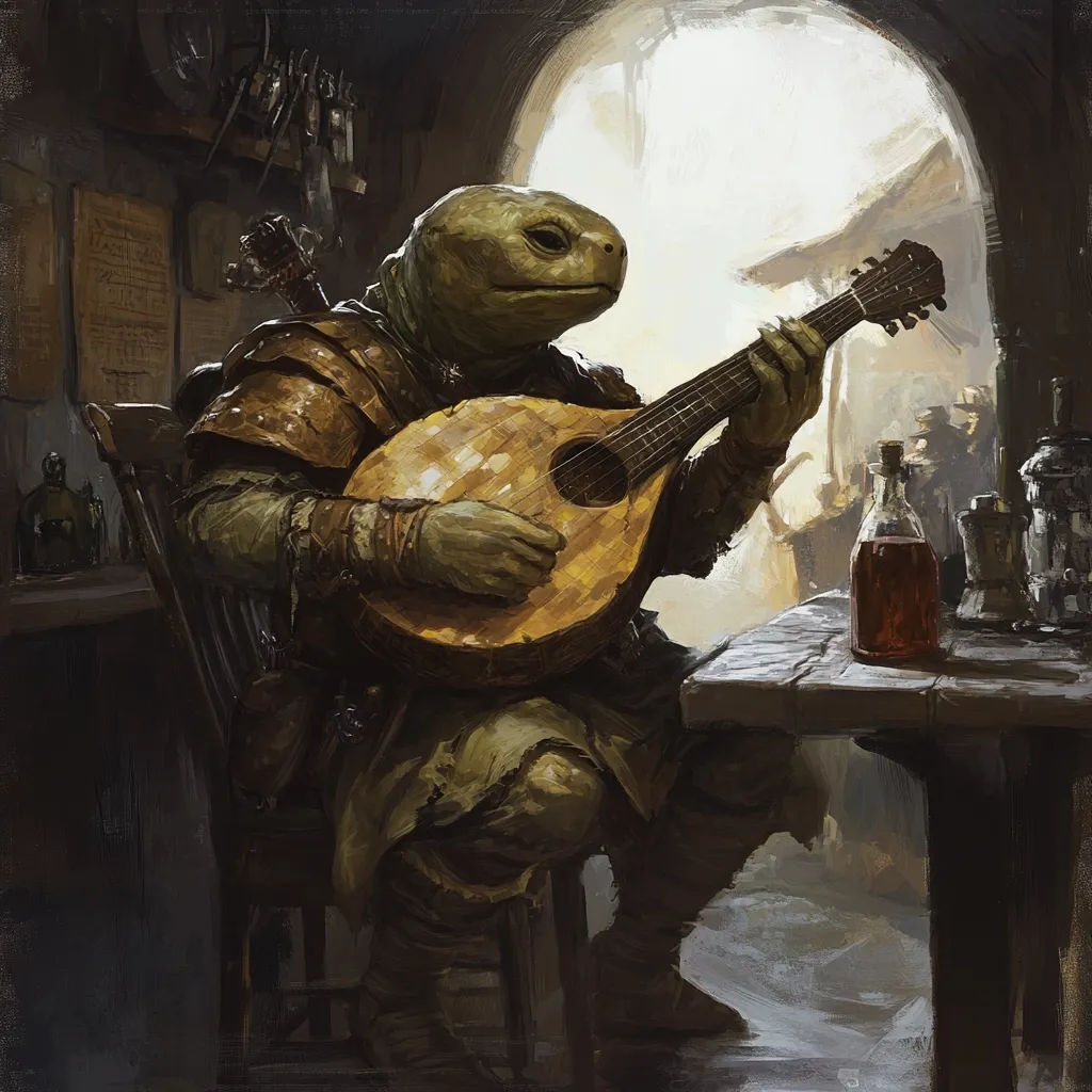 The painting depicts a reptilian humanoid, possibly a turtle-like creature, seated and playing a lute.  Dressed in worn leather armor and clothing, it sits in a dimly lit tavern or workshop. A bottle of dark liquid rests on a nearby table, with a blurry, bustling background suggesting an outdoor market or town square.  The artist uses dark tones and muted colors, creating a mood of quiet contemplation amidst a lively, unseen world. The focus is sharply on the creature and its instrument, emphasizing its musical performance.