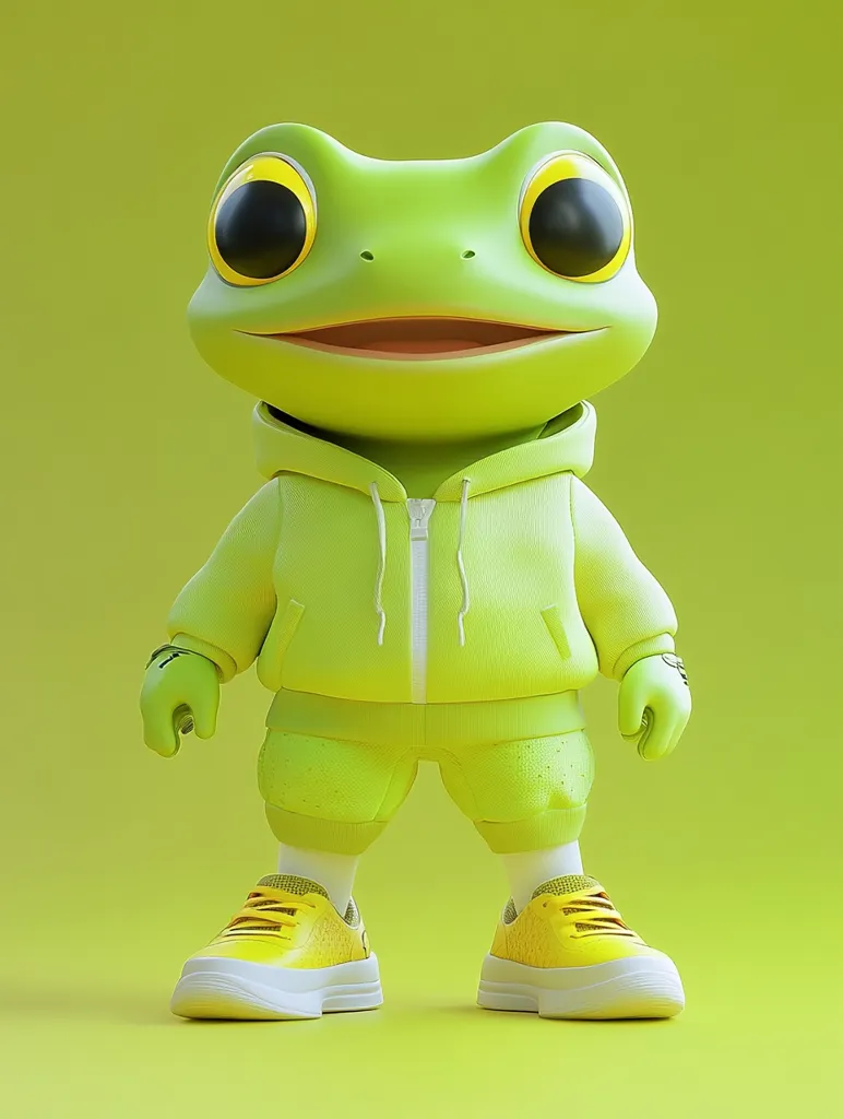 Here's a description of the image:

The image shows a charming 3D rendering of a cartoon frog.  The frog is bright lime green and wears a matching lime green hoodie and shorts. Its large, expressive eyes are accentuated with bright yellow irises.  The frog sports yellow sneakers and has a cheerful, almost smiling expression.  The background is a solid, slightly lighter lime green, creating a cohesive and playful aesthetic. The overall style is cute and trendy, possibly suggesting a character design for merchandise or animation.