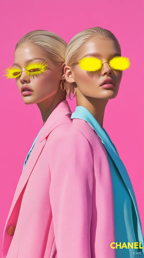 Two blonde women, twins possibly, stand back-to-back against a vibrant pink backdrop.  They sport identical bright yellow, fluffy sunglasses.  Both wear pink blazers, one layered over a teal collared shirt.  The image is stylish and bold, with a playful, almost surreal, quality to the sunglasses.  The Chanel Chic logo is subtly displayed at the bottom right.  The overall aesthetic is vibrant and fashion-forward.
