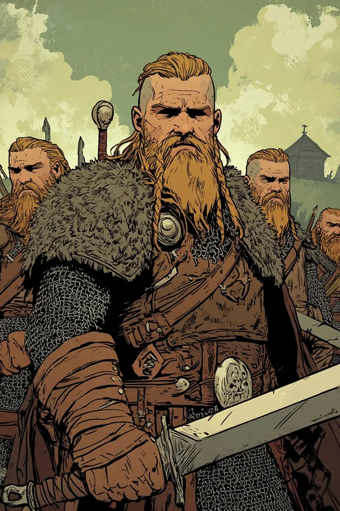 A striking illustration depicts a group of Vikings, prominently featuring a central figure—a powerfully built man with a long, braided beard and stern expression. He's clad in chainmail and leather armor, a large sword at his side.  Flanking him are other bearded warriors, similarly armed and armored, creating a sense of unity and strength. The muted color palette and cloudy sky add to the image's gritty, historical feel.  A distant church hints at a settled area, possibly suggesting the Vikings are in a conquered territory.