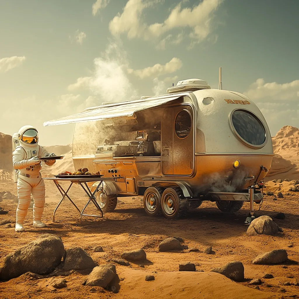 An astronaut in a white spacesuit stands on a Martian landscape, presenting a platter of grilled food near a futuristic, camper-like vehicle.  The vehicle, metallic gold and white, is equipped with a retractable awning and appears to have a fully functional kitchen inside.  Steam rises from within, suggesting cooking is underway.  Rocks and red sand characterize the barren, yet oddly inviting, Martian scene. The overall mood is one of serene, adventurous exploration and unexpected comfort.