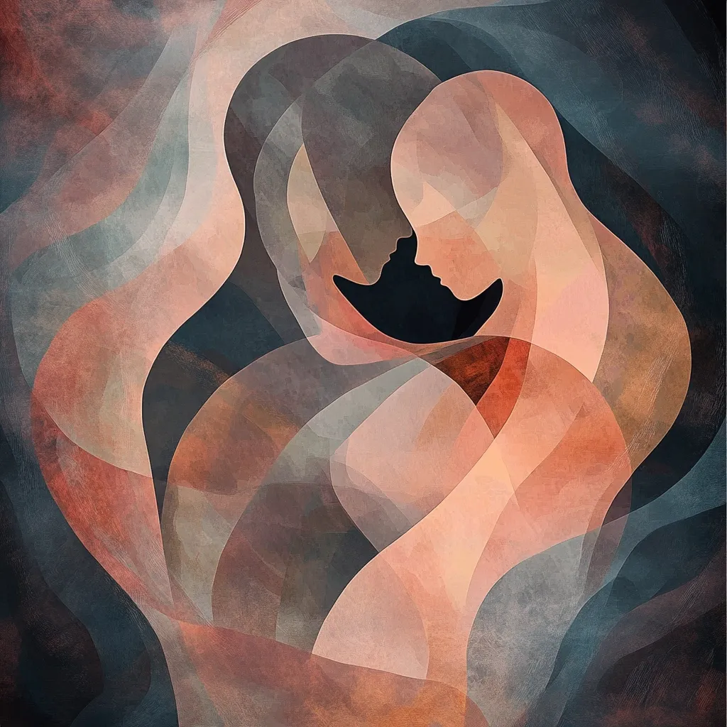 This abstract artwork depicts two figures, possibly a mother and child, intertwined in an embrace.  Their forms are rendered in overlapping layers of muted peach, brown, and grey, creating a sense of depth and intimacy.  The central figures are partially obscured, emphasizing the emotional connection rather than precise detail.  The style is reminiscent of cubism and suggests themes of motherhood, protection, and the bond between parent and child. The background's flowing, smoky texture adds to the overall feeling of warmth and tenderness.
