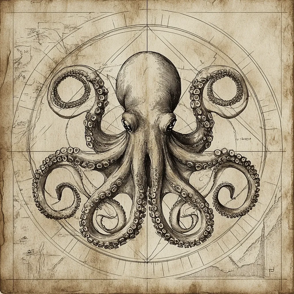 Here's a description of the image:

The image is a detailed, sepia-toned drawing of an octopus centered within a circular compass rose design.  The octopus is rendered in a style reminiscent of vintage scientific illustration, with meticulous shading and attention to anatomical detail. Its eight arms curl intricately, each sucker meticulously depicted. The compass rose suggests nautical themes, overlaid on a faded parchment-like background hinting at an antique map or chart.  The overall effect is one of both scientific observation and artistic flair, evoking a sense of mystery and the unexplored depths of the ocean.