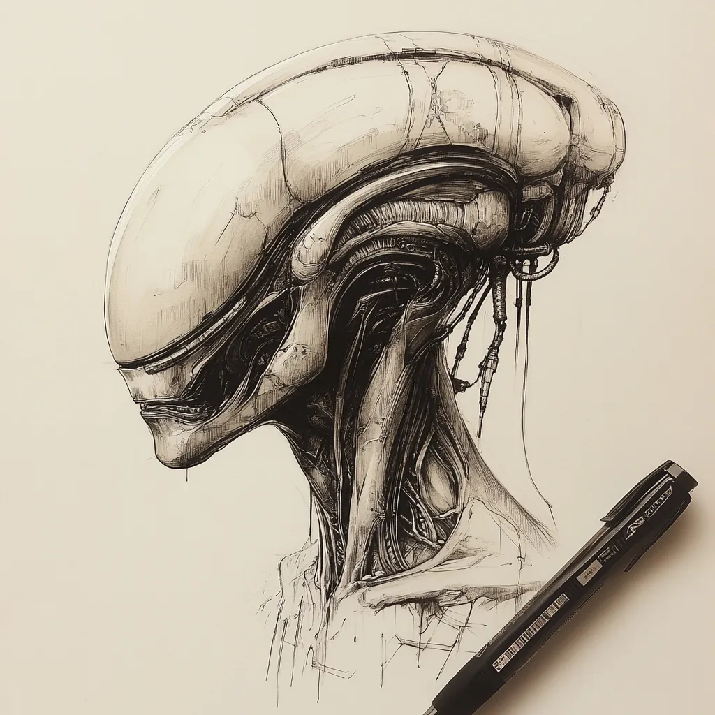 Here's a description of the image:

The detailed pen-and-ink drawing depicts the head and shoulders of a biomechanical alien creature in profile view.  The alien's head is elongated and smooth, contrasted by a intricately detailed neck and shoulders showcasing exposed, mechanical-like internal structures.  The style is hyperrealistic, using shading and linework to create depth and texture.  The overall tone is dark and slightly ominous, giving the impression of a powerful, perhaps even sinister, being. A pen rests on the page near the bottom right corner, implying the drawing's recent completion.