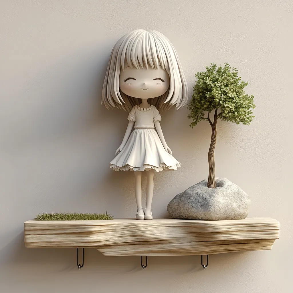 A charming 3D-rendered scene depicts a cute, pale-skinned girl figurine in a white dress standing on a rustic wooden shelf.  Beside her is a miniature tree planted in a stone, and a small patch of grass adorns the shelf. The girl has short bobbed hair and a sweet, smiling expression.  The overall aesthetic is whimsical and serene, suggesting a child's room or a decorative piece emphasizing nature and innocence.  The shelf features small, simple metal hooks.