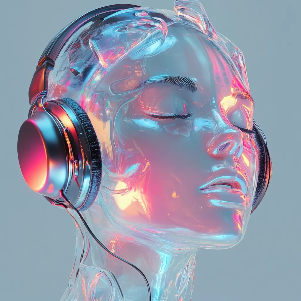 Here's a description of the image:

The image showcases a stylized, translucent female head and shoulders, seemingly sculpted from glass or a similar material.  Her eyes are closed, conveying a serene or meditative state. Over-ear headphones, with a metallic sheen exhibiting a gradient of pink and blue, are worn, suggesting a connection to music or audio.  The overall aesthetic is futuristic and ethereal, with vibrant, pastel-toned lighting enhancing the translucency and giving an almost holographic effect. The background is a muted, neutral gray, allowing the subject to stand out vividly.