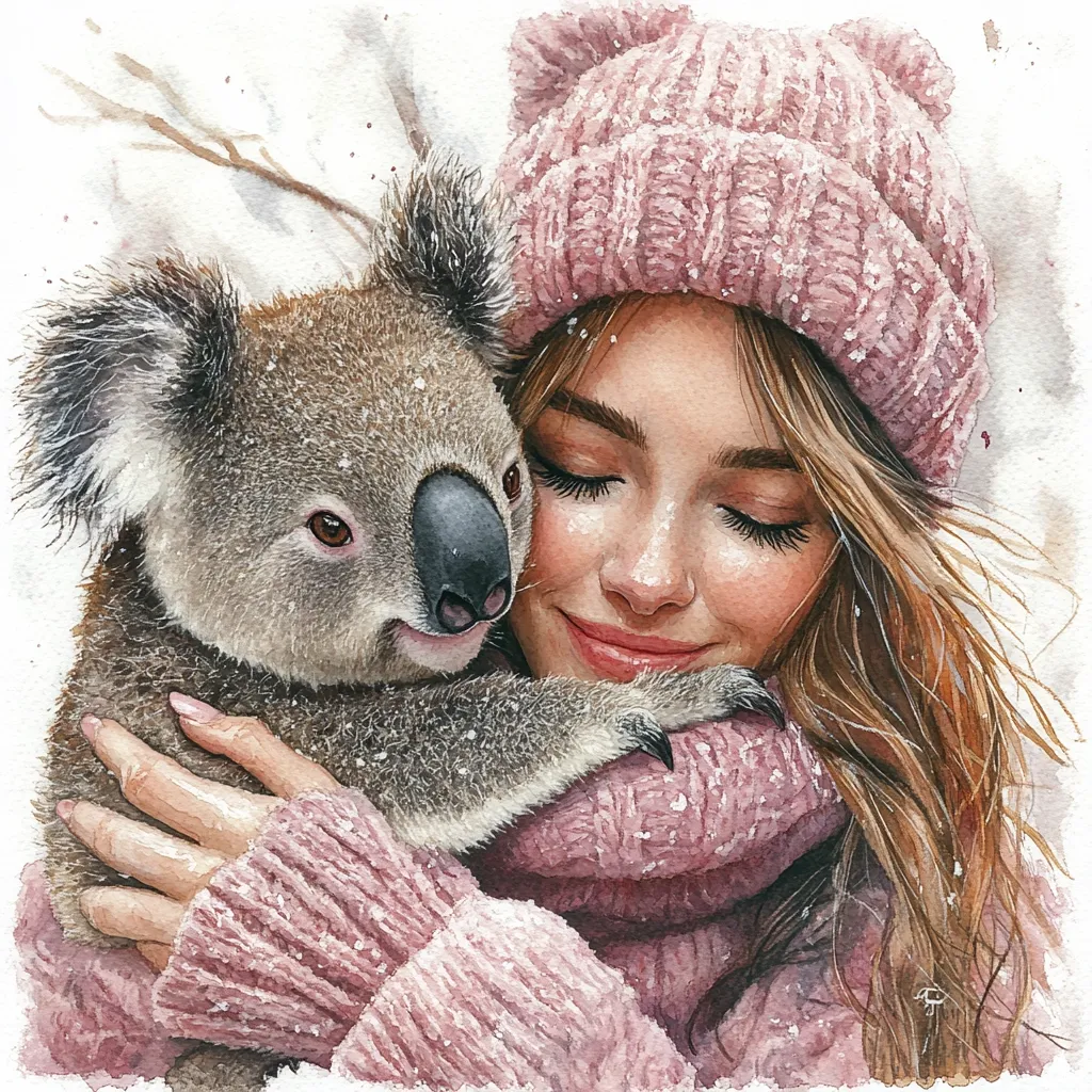A watercolor painting depicts a young woman with long, light brown hair wearing a pink knit hat and sweater, embracing a koala.  Snow lightly dusts the koala's fur and the woman's clothing. Her eyes are closed, and she has a gentle, peaceful expression. The koala is nestled closely against her, its face near hers. The overall mood is one of warmth, affection, and tranquility in a snowy setting.