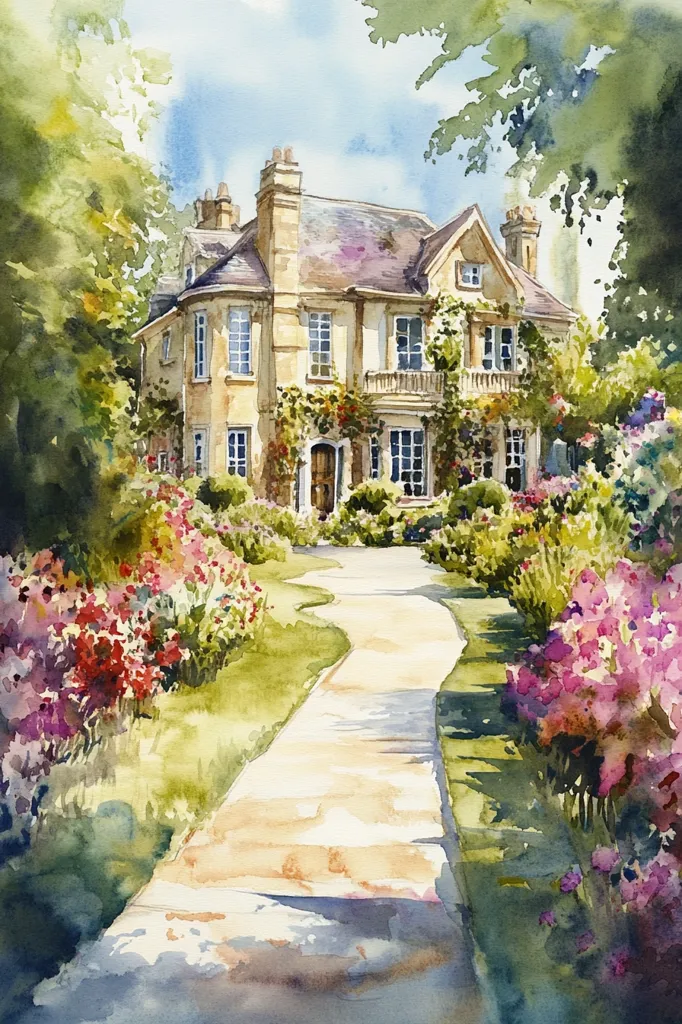 Here's a description of the image:

A watercolor painting depicts a charming, two-story house bathed in sunlight. The house is light beige with a dark grey roof, multiple windows, and a small balcony. A winding, light-colored stone path leads from the foreground to the house's entrance, which is partially obscured by lush greenery. Vibrant flowerbeds, bursting with red, pink, and purple blooms, flank the path, creating a picturesque garden setting. The scene is framed by the leafy branches of trees, suggesting a tranquil, private location. The style is loose and impressionistic, characteristic of watercolor painting, with soft blends of color and suggestive detail.