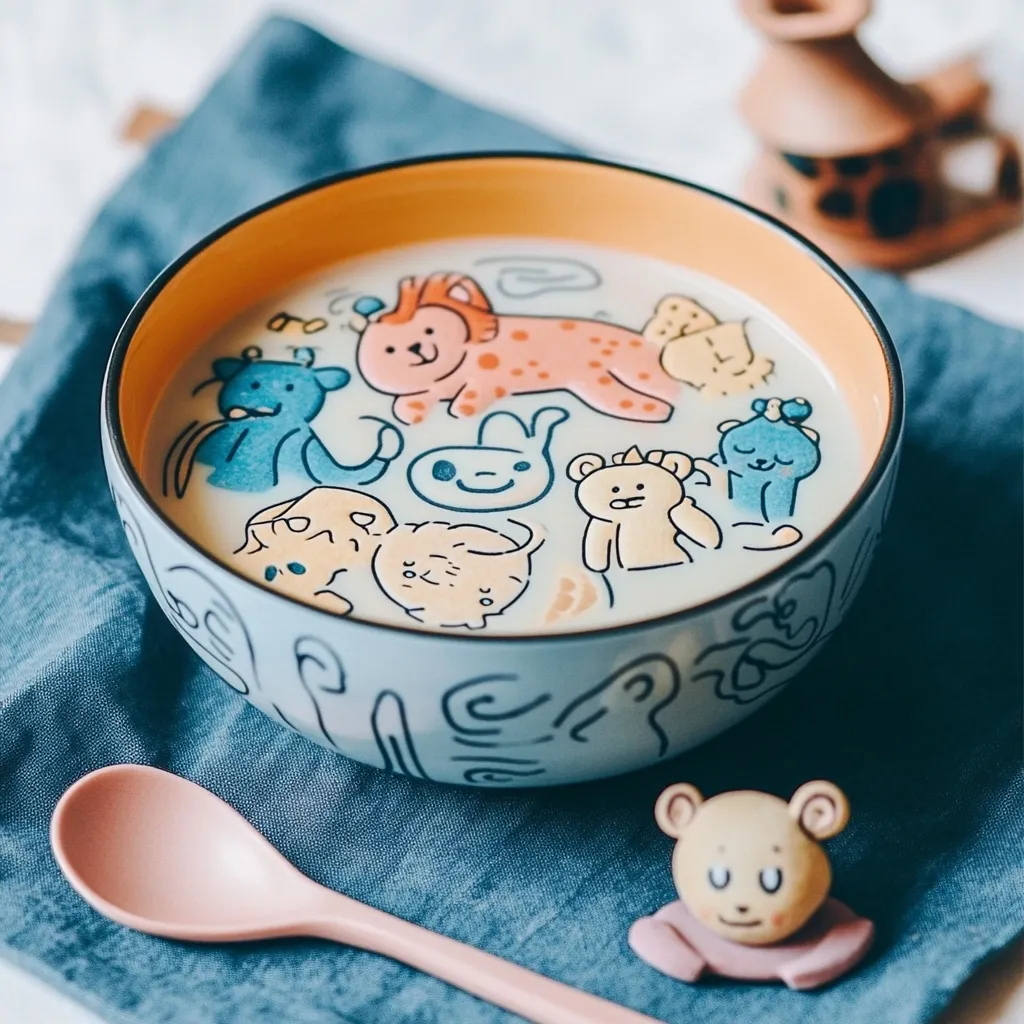 A light blue bowl with an orange rim is filled with a creamy beige liquid.  Adorable cartoon animals, including a lion, bear, and bunny, are subtly depicted on the surface of the liquid. The bowl itself is decorated with simple, abstract line drawings. A pink spoon and a small, matching bear figurine rest nearby on a blue fabric surface. The scene is charming and whimsical, evoking a sense of childhood delight.