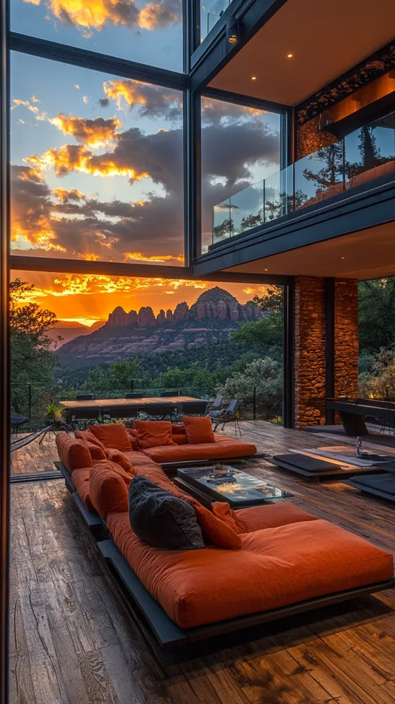A modern, minimalist home with expansive glass walls showcases a breathtaking sunset over a mountainous landscape.  The interior features a low-slung, burnt-orange sectional sofa,  coffee tables, and dark wood floors.  The architecture is striking, with a multi-level design and exposed beams, creating a seamless transition between indoor and outdoor spaces. The scene is serene and luxurious, highlighting the beauty of the natural surroundings.