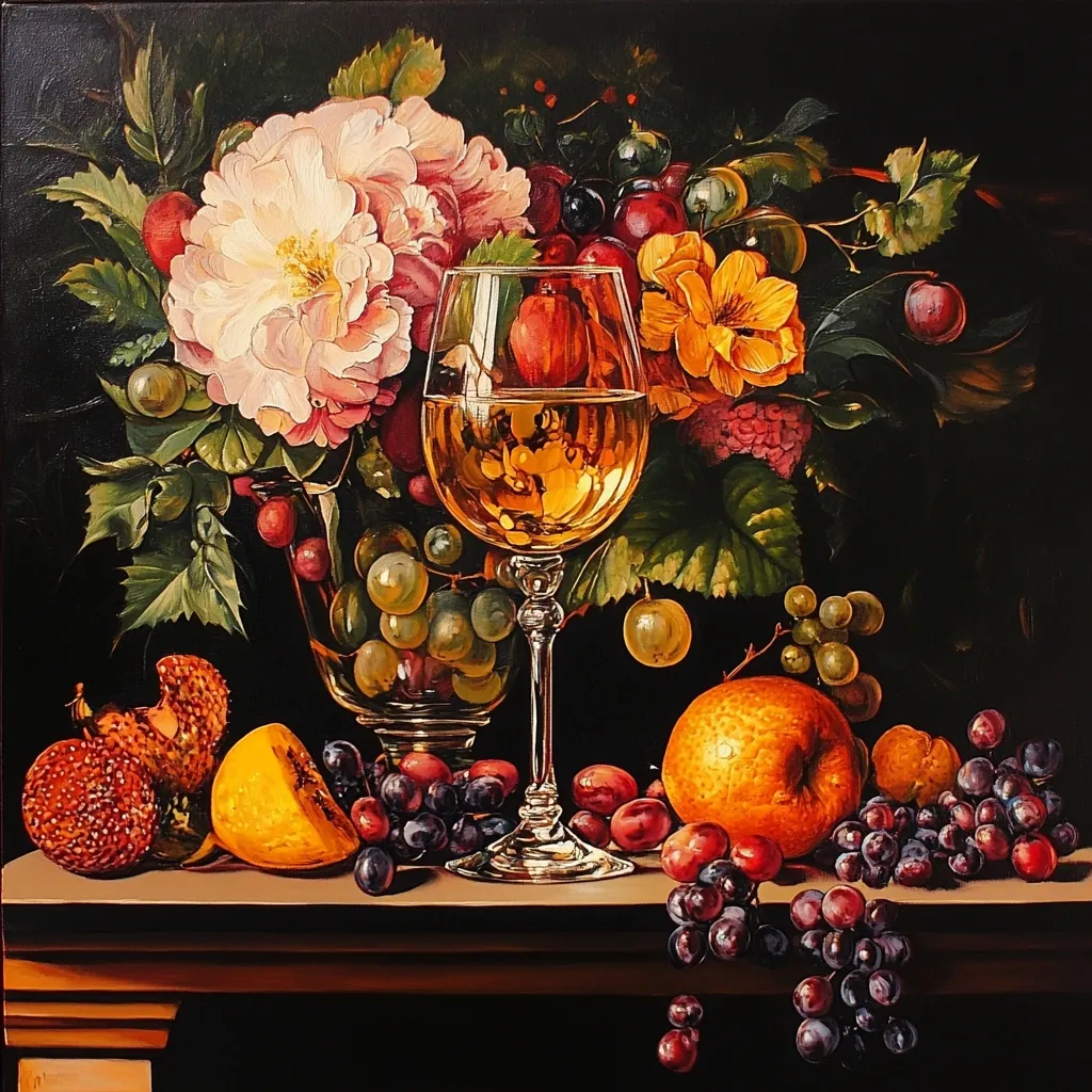 A still life oil painting showcases a lavish arrangement of fruit and flowers.  A crystal wine glass filled with golden liquid rests prominently in the foreground, nestled among clusters of purple and green grapes, an orange, and other assorted fruits.  A vase overflowing with vibrant pink peonies, yellow blossoms, and dark berries forms the centerpiece.  The rich, dark background enhances the painting's dramatic lighting and contrasts with the bright colors of the subject matter.  The overall style is hyperrealistic, capturing exquisite detail in every element.