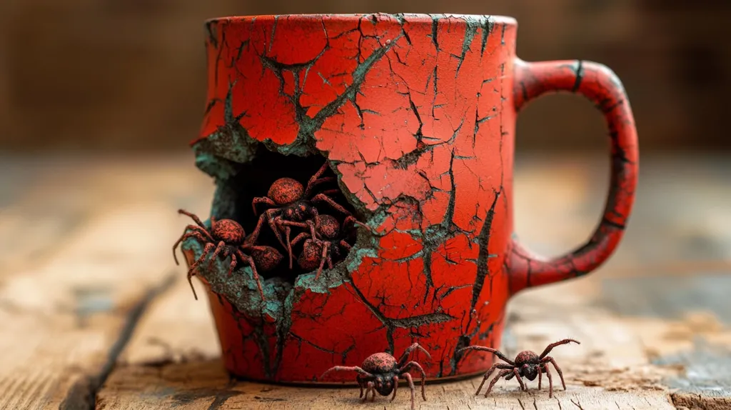 A weathered, red mug, heavily cracked and showing signs of age, sits on a rustic wooden surface.  A sizable hole in its side reveals a cluster of small, dark red spiders nestled inside. Two more spiders crawl near the mug's base. The scene is darkly lit, creating a slightly eerie and unsettling atmosphere, suggestive of a Halloween or gothic aesthetic. The contrast between the fragile mug and the spiders enhances the image's dramatic effect.
