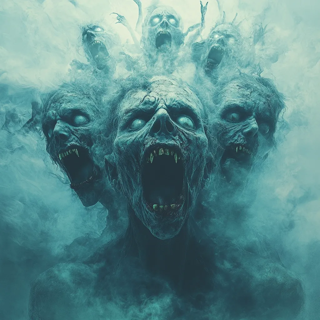 A terrifying digital painting depicts a cluster of grotesque, zombie-like figures shrouded in ethereal, teal-colored mist.  Their mouths are agape in horrifying screams, revealing decaying teeth and gums.  The central figure is most prominent, its face a mask of death, while others surround it, their forms partially obscured by the swirling fog. The overall effect is one of intense dread and macabre horror.