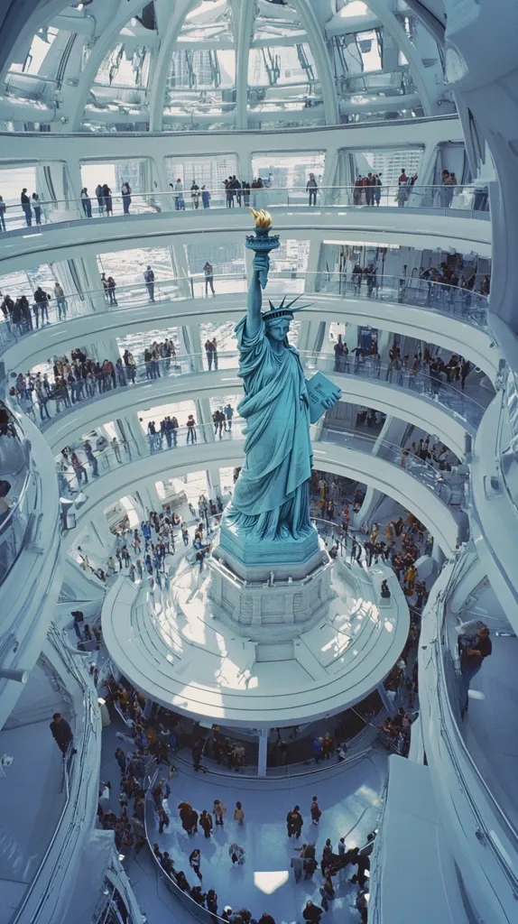 Here's a description of the image:

The photograph captures a bird's-eye view of a large, circular interior space, possibly a museum or atrium.  A replica of the Statue of Liberty stands prominently in the center, surrounded by a sizable crowd of people. The structure is multi-tiered with circular walkways encircling the statue, allowing for viewing from different levels.  The building's architecture is modern and bright, featuring glass and white surfaces, creating a spacious and airy atmosphere.  The overall impression is one of awe and wonder, as visitors admire the iconic statue within this unique architectural setting.