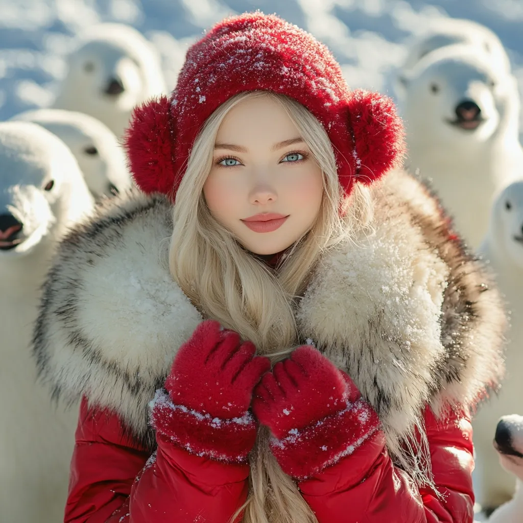 A young woman with long blonde hair wears a red winter hat and matching mittens.  Her coat has a large, fluffy white fur collar.  She's surrounded by several polar bears, creating a striking contrast between her vibrant red attire and the white fur of the animals and the snowy background.  The scene is bright, suggesting a sunny winter day. Snow dusts her hat and mittens.  The overall impression is one of winter beauty and a unique, possibly staged, photograph.