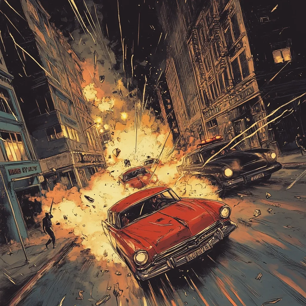 A dramatic illustration depicts a nighttime city street engulfed in explosions.  Two vintage cars, a red one in the foreground and a black police car behind, speed through the chaos.  Debris flies, flames erupt, and a person fires a rifle amidst the destruction.  Tall buildings line the street, their architectural details visible despite the explosive scene.  The style is reminiscent of graphic novel art, with a gritty, textured feel.  The overall mood is intense and action-packed.