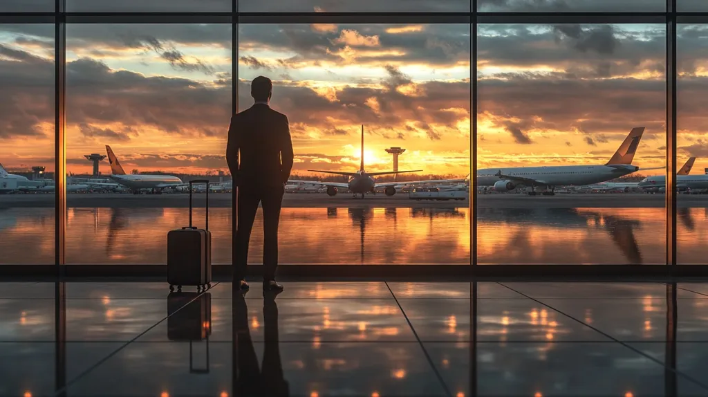 A businessman stands silhouetted against a large airport window, gazing at a sunset over the tarmac. Several airplanes are visible, some at gates, others taxiing. His suitcase rests beside him. The scene is peaceful yet conveys a sense of travel and departure. The warm sunset light reflects on the polished floor, creating a mirror image of the scene. The overall mood is one of contemplation and anticipation.