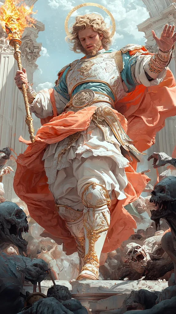 A majestic, blond-haired figure, reminiscent of a saint or god, stands triumphantly amidst a chaotic scene.  Clad in ornate, gold-accented armor and flowing peach robes, he holds a flaming torch aloft.  His halo suggests divine status.  Surrounding him are grotesque, monstrous creatures, seemingly vanquished or in submission. The background hints at a classical, possibly Roman, architectural setting. The image blends elements of religious iconography with fantasy, creating a dramatic and powerful visual narrative.