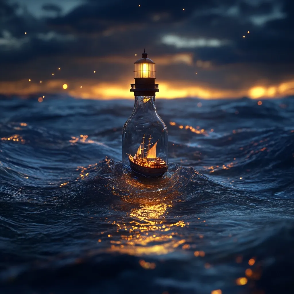 A miniature sailboat sits inside a glass bottle, which acts as a miniature lighthouse, afloat on a dark, turbulent sea.  The bottle's light illuminates the vessel and casts a warm glow on the water's surface.  The dramatic, moody sky adds to the scene's ethereal and slightly melancholic atmosphere.  The image evokes feelings of adventure, hope, and perhaps a sense of isolation or a journey's end.