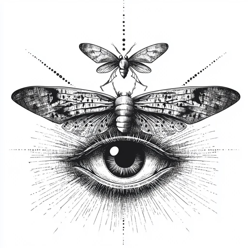 Here's a description of the image:

The image is a detailed black and white ink drawing.  A large, intricately rendered moth's wings are positioned above and partially obscuring a single, all-seeing eye.  A smaller moth sits atop the larger one, creating a sense of hierarchy or perspective.  The eye is highly detailed, with fine lines suggesting eyelashes and radiating light beams emanating from it, enhancing its mystical quality. The style evokes occult or esoteric imagery, possibly symbolic of a higher power or watchful presence.  Dotted lines add to the overall decorative and symbolic effect.