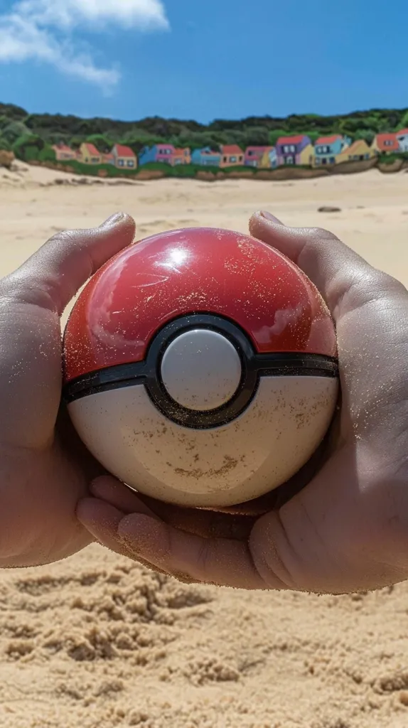 Here's a description of the image:

Close-up view of two hands gently cradling a Poké Ball. The Poké Ball is slightly dusty, suggesting it's been on the beach.  In the blurred background, a row of colorful, small houses sits on a hillside overlooking a sandy beach under a bright, sunny sky. The focus is sharply on the Poké Ball and hands, creating a contrast between the playful object and the serene beach landscape.  The scene evokes a sense of summer and childlike wonder.