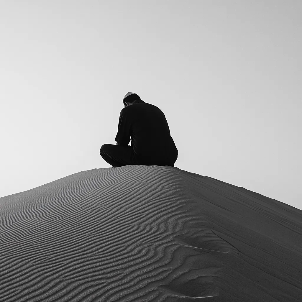 Here is a description of the image in under 100 words:

A black and white photograph depicts a lone figure seated atop a gently sloping sand dune.  The person, dressed in dark, loose-fitting clothing and a small head covering, sits with their back to the camera, gazing out at a bright, empty sky. The sand displays a rippled texture, etched by the wind. The overall mood is one of quiet contemplation and solitude within the vastness of the desert landscape. The stark contrast and simplicity of the image emphasize the subject's isolation.