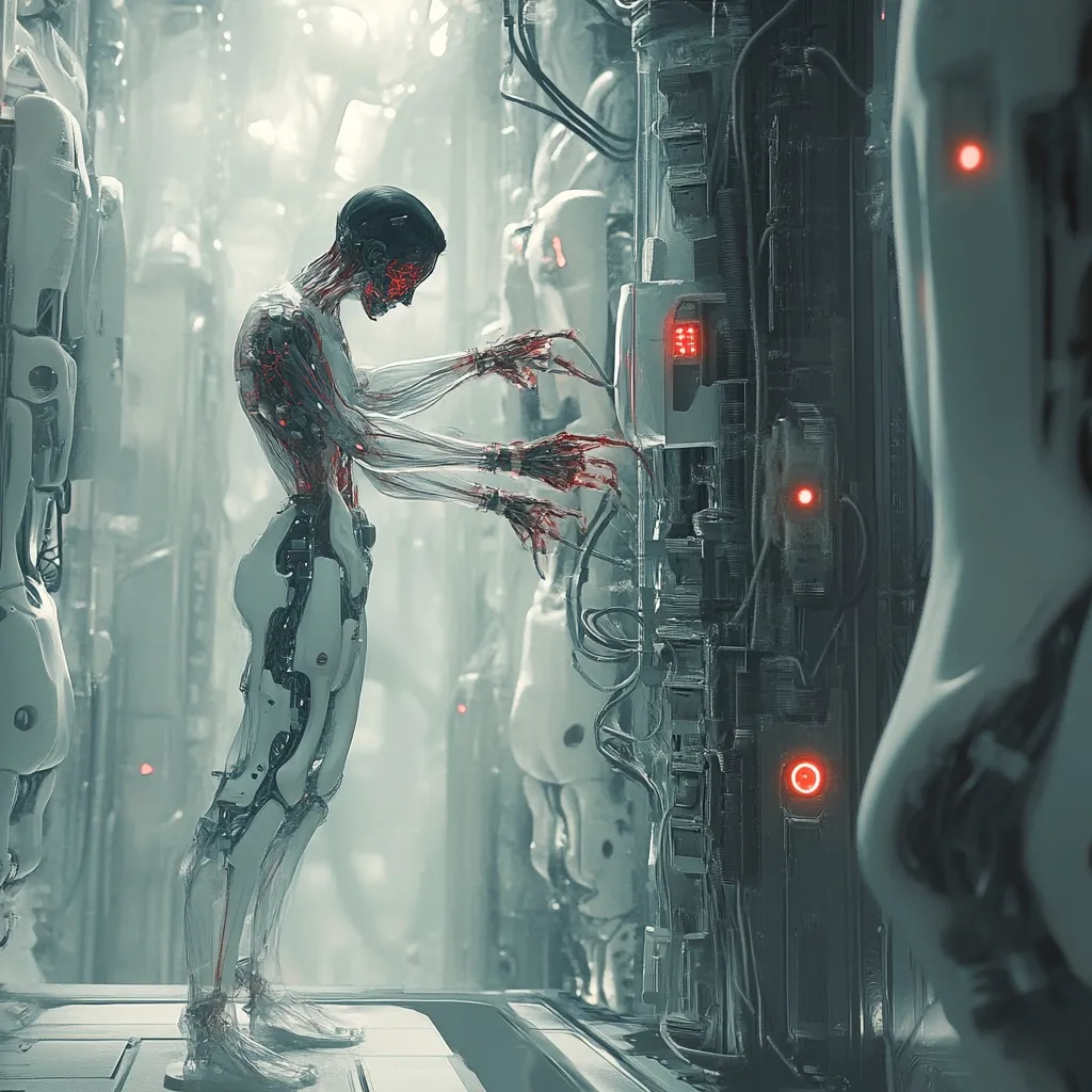 The image depicts a futuristic scene, possibly a factory or laboratory. A bio-mechanical humanoid, its internal structure partially exposed, is interacting with a complex machine.  Red wires or veins are visible within its body, suggesting a blend of organic and mechanical elements.  The background shows a line of similar, but less developed, androids, creating an eerie, mass-production atmosphere. The overall tone is cool, metallic, and slightly ominous. The lighting is muted, emphasizing the intricate details of the machinery and the humanoid's delicate, yet unsettling, form.