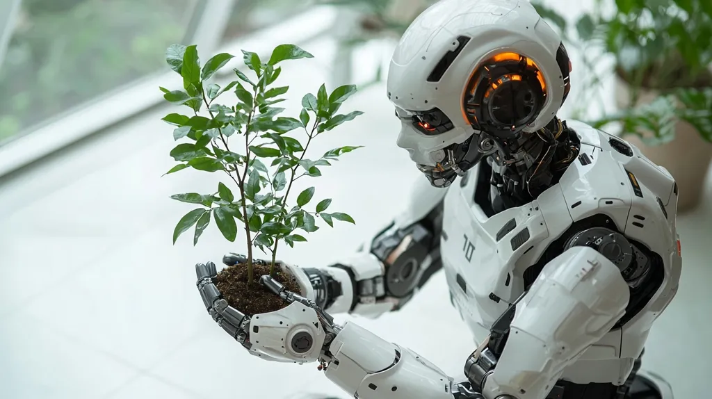 A white humanoid robot, with intricate mechanical details and glowing orange accents, gently cradles a small, potted sapling. The robot's pose suggests careful handling and a connection to nature.  The background is blurred, showcasing a bright, modern interior with hints of greenery. The image evokes a futuristic concept of robotics integrated with environmental awareness and care.