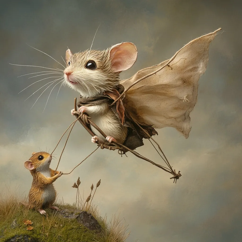 A whimsical illustration depicts a larger mouse piloting a rudimentary kite-like contraption through a cloudy sky.  The mouse wears a small, tattered cloak and grips the makeshift aircraft's controls. A smaller mouse, standing on a mossy rock below, holds onto a string attached to the flying apparatus.  The scene is rendered with a soft, painterly style, evoking a sense of fantasy and adventure.  The overall tone is gentle and charming.