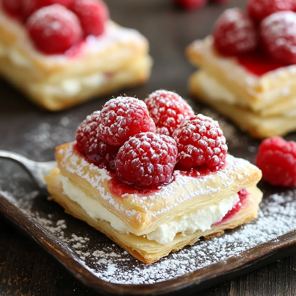 Here's a description of the image:

Close-up view of several delicate pastries.  Each pastry is a square of flaky puff pastry layered with creamy filling and topped with fresh raspberries glistening with a light glaze. The raspberries are dusted with powdered sugar, creating a visually appealing contrast.  The pastries are arranged on a dark-colored baking tray, sprinkled with more powdered sugar.  The background is blurred, focusing attention on the sweet treats in the foreground. The overall impression is one of deliciousness and elegance.