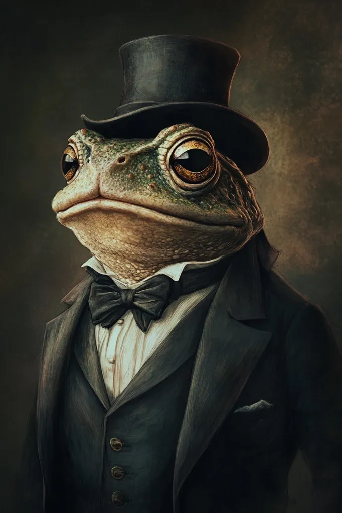 Here's a description of the image:

The artwork depicts a toad, meticulously rendered in a style reminiscent of a classic portrait painting.  The toad is dressed in formal attire, including a dark suit, crisp white shirt, and a black bow tie. A top hat sits perched atop its head. The toad's expression is serious and dignified, enhancing the humorous juxtaposition of the amphibian and the refined clothing. The background is a muted, dark tone which contrasts with the light reflecting on the toad's skin and attire. The overall effect is both whimsical and elegant.