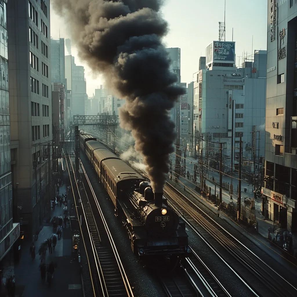 Here's a description of the image:

A high-angle, long shot captures a steam train chugging through a bustling cityscape.  Thick, dark smoke billows from its smokestack, filling the air. The train is long and dark, traversing multiple parallel train tracks.  The surrounding city is a mix of tall, multi-story buildings, with pedestrians visible on the sidewalks below. The overall atmosphere is one of both urban activity and the nostalgic presence of a bygone era of steam-powered travel.  The image is somewhat hazy, giving it a vintage feel.