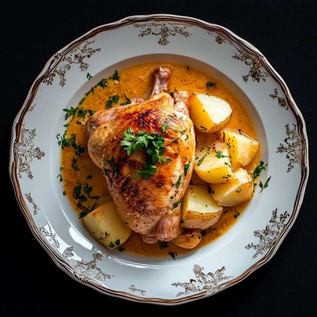 Here's a description of the image:

An overhead close-up shot showcases a roasted chicken quarter nestled in a creamy, golden sauce alongside roasted potato chunks.  The chicken displays a beautifully browned and crispy skin, garnished with fresh parsley.  The dish is served on a vintage-style white plate with a delicate brown floral pattern around the rim. The background is a stark black, creating a dramatic contrast and highlighting the dish's appetizing presentation. The overall impression is one of elegant simplicity and delicious comfort food.