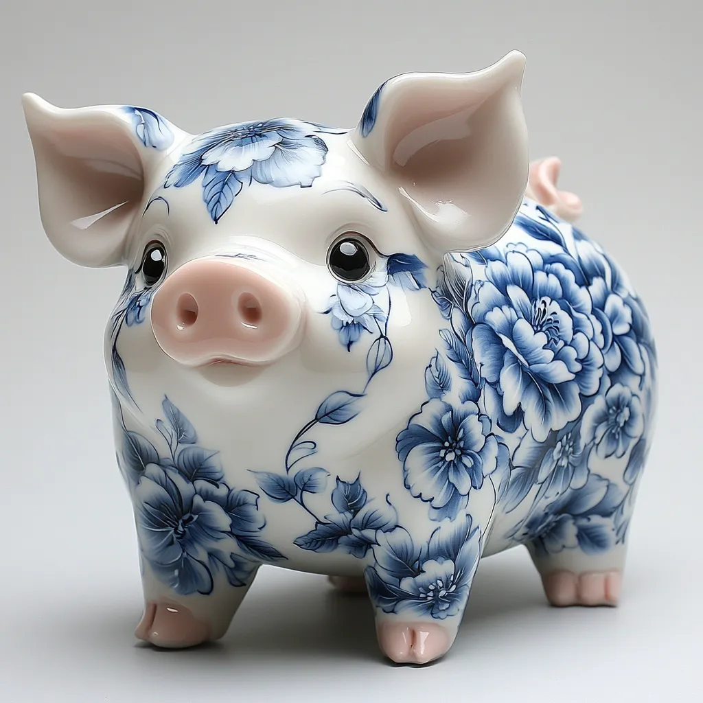 Here's a description of the image:

The image shows a charming porcelain piggy bank adorned with a delicate blue and white floral pattern.  The design resembles traditional blue and white china, featuring stylized peonies and leaves across its body. The pig has a sweet, cartoonish expression, with pink inner ears and snout. It sits on a light gray background, and the detail in the painting and sculpting is clearly visible. The overall impression is one of elegance and craftsmanship.