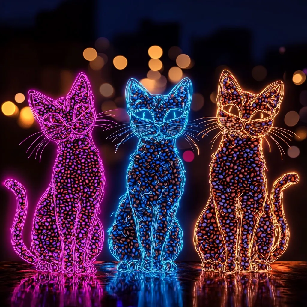 Three stylized cats, rendered in vibrant neon colors (pink, blue, and orange), are depicted against a bokeh background suggesting a nighttime city scene.  Each cat appears to be composed of small, dark-colored particles, possibly coffee beans, creating a textured effect within the glowing outlines. The cats are seated side-by-side, their forms outlined with bright, energetic lines.  The overall image is striking and surreal, blending organic and digital aesthetics.