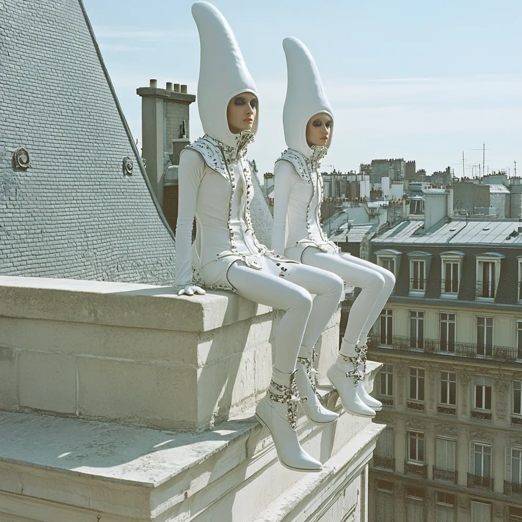 Two models, clad in identical futuristic white outfits, sit perched atop a Parisian building. Their conical headpieces and form-fitting suits create a striking silhouette against the backdrop of the city's rooftops.  The white attire is accented with subtle details, and they wear high, pointed white boots.  The overall scene presents a blend of fashion and urban architecture, with a sense of otherworldly elegance.
