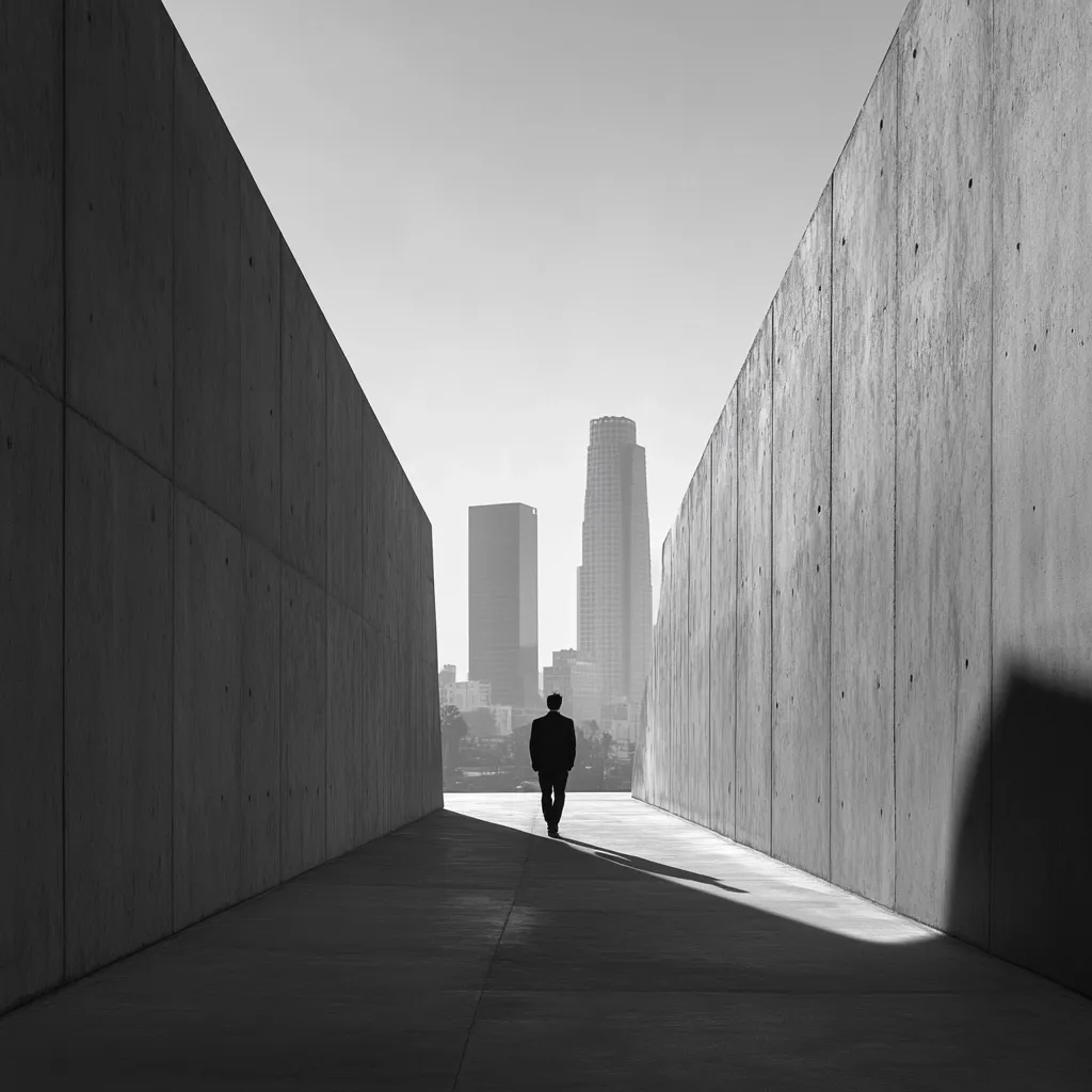 A lone figure in a suit walks down a long, narrow concrete corridor.  Tall, imposing concrete walls frame the path, leading towards a distant cityscape.  The black and white image emphasizes the stark contrast between the urban environment and the solitary individual.  The city skyline, featuring several skyscrapers, is visible in the distance, suggesting a journey toward ambition or opportunity. The scene evokes a feeling of both isolation and determination.