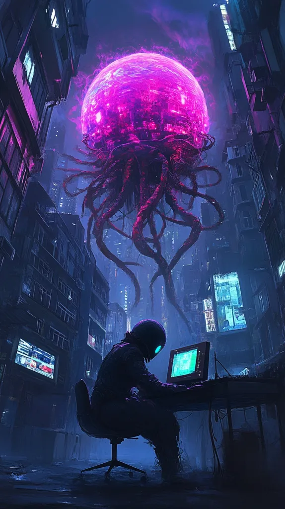 A cyberpunk-esque scene unfolds, dominated by a colossal, bioluminescent purple orb suspended above a grimy city street.  Tendrils resembling a giant jellyfish's arms descend from the orb, casting an eerie glow. Below, a lone figure in a dark suit sits hunched over a computer, seemingly oblivious to the looming extraterrestrial presence. The overall atmosphere is one of ominous sci-fi mystery, blending futuristic technology with organic, alien elements. The city buildings are tall and densely packed, adding to the claustrophobic feel.