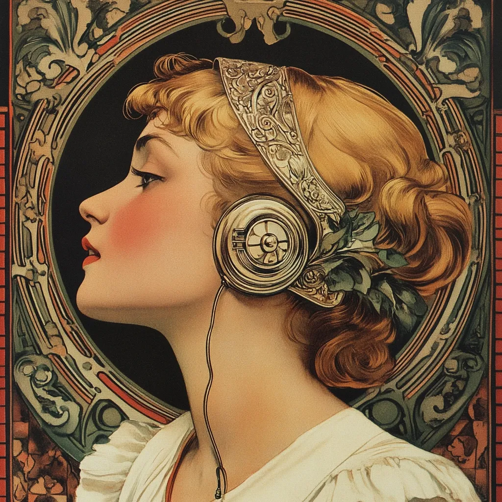 Here is a description of the image:

The artwork depicts a woman in profile view, her face turned to the left.  She has blonde, wavy hair adorned with an ornate, silver headband. Large, antique-style headphones rest on her ears, connected by a cord. Her expression is serene and slightly pensive. The style is reminiscent of Art Nouveau, with the woman framed by an elaborate decorative border featuring swirling lines, floral motifs, and rich colors of red, green, and gold. The overall aesthetic is elegant and suggestive of a bygone era, likely the early 20th century. The color palette is warm and rich, with muted tones.
