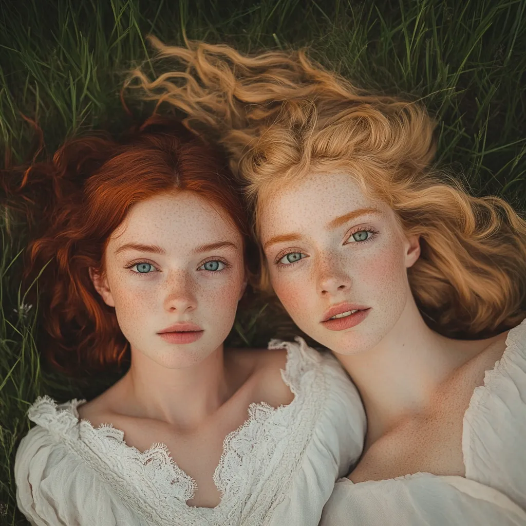 Here's a description of the image:

Two young women with fair skin and freckles lie side-by-side in a grassy field, their heads close together. One has vibrant red hair, the other, a lighter, golden blonde.  Both have long, wavy hair cascading around them. They are wearing simple, off-white peasant-style blouses with delicate lace detailing at the necklines. Their eyes are a striking blue-green. The overall mood is serene and ethereal, with soft lighting highlighting their features and the green grass.