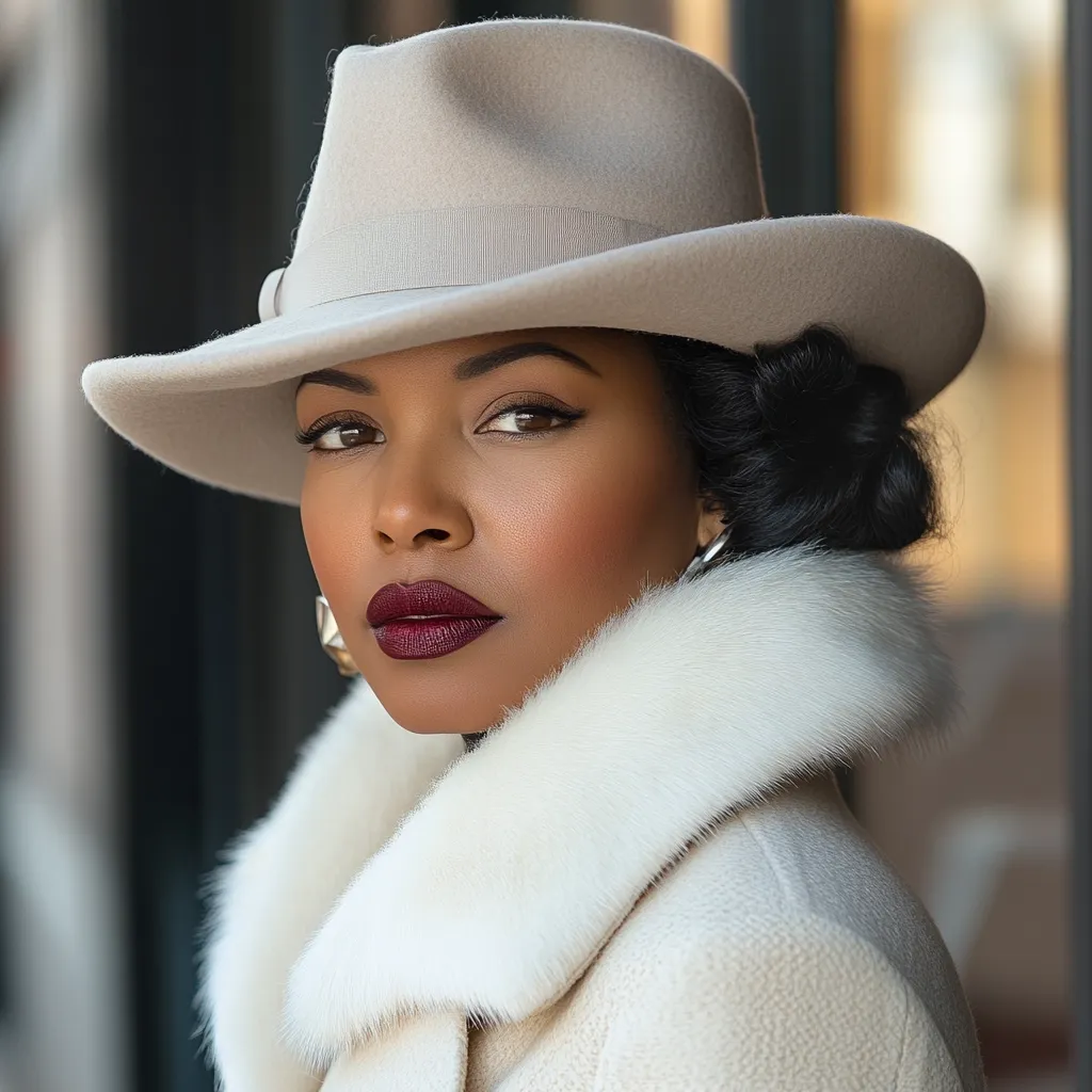Here's a description of the image:

Close-up portrait of a woman with dark skin, wearing a light beige fedora and a cream-colored coat with a large, fluffy white fur collar. Her dark hair is styled in a neat updo. Her makeup is striking, featuring dark, well-defined eyebrows, and a bold, dark burgundy lipstick. She gazes directly at the camera with a confident and slightly serious expression. The background is blurred, suggesting an outdoor setting. The overall style evokes a classic, sophisticated, perhaps vintage feel.