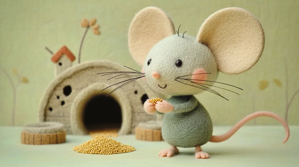 Here's a description of the image:

A charming, handcrafted felt mouse holds a small pile of golden seeds.  Its large, soft ears and delicate features give it a sweet expression.  It stands before a miniature felt house, also intricately crafted, with a small opening suggesting a doorway.  A scattering of seeds lies on the ground, and a smaller felt structure sits beside the house. The muted green background enhances the whimsical charm of the scene, suggesting a gentle, idyllic setting. The overall style is soft, detailed, and evokes a feeling of warmth.
