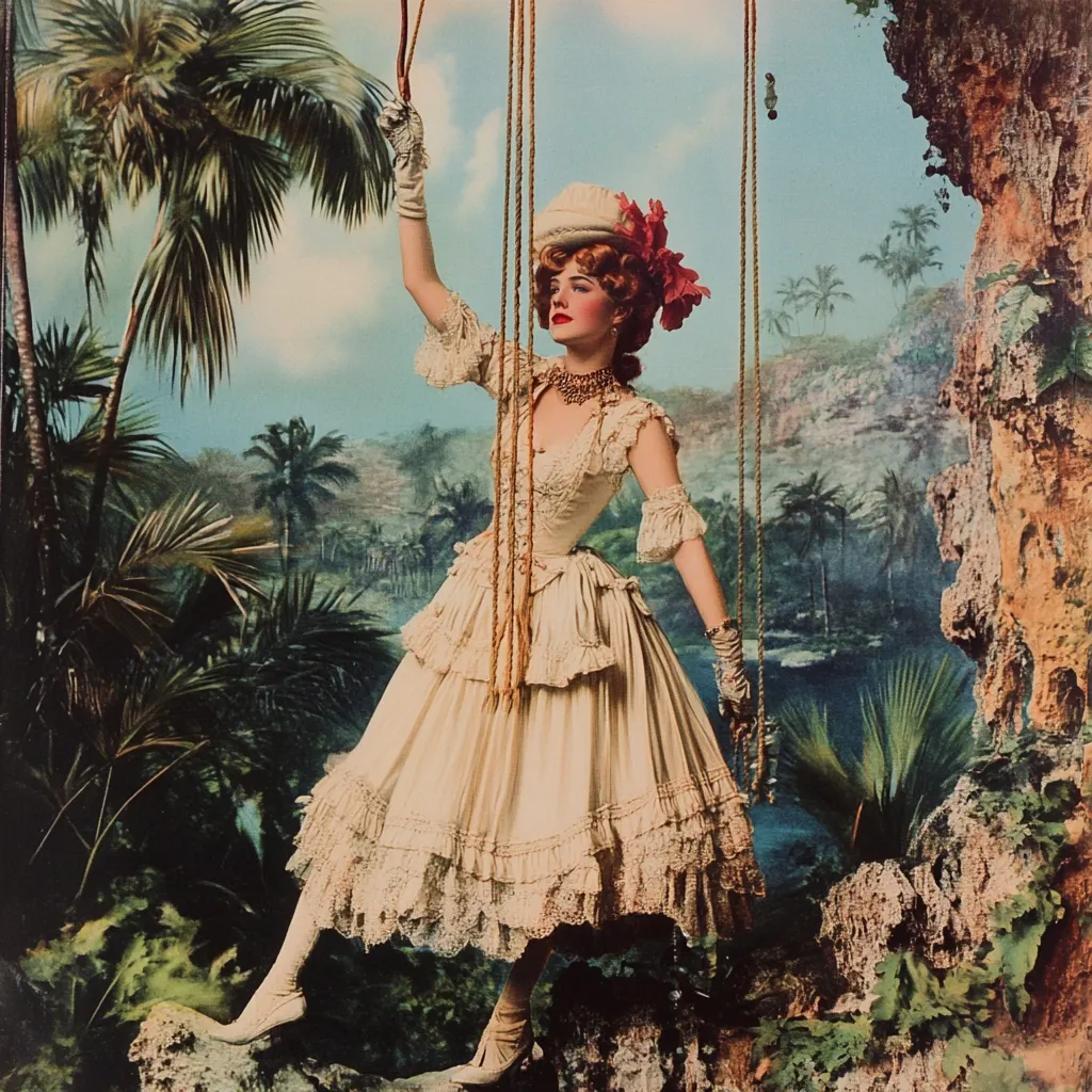 A woman in a cream-colored, lace-trimmed gown, reminiscent of the Victorian era, is depicted seemingly suspended mid-air by strings. She wears a hat adorned with red flowers and white gloves. The backdrop is a lush tropical landscape, with palm trees and a rocky outcrop, creating a contrast between the woman's delicate attire and the wild, exotic setting. The image has a dreamlike quality, suggesting a theatrical or fantastical scene.  The overall color palette is soft and slightly muted.