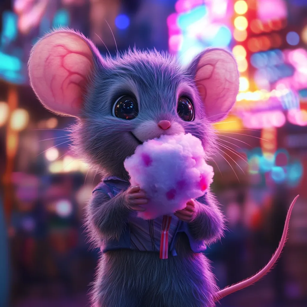 Here's a description of the image:

The image showcases a charming, digitally rendered mouse.  Its gray fur is incredibly detailed, appearing soft and fluffy.  Large, expressive eyes and pink ears add to its endearing quality.  The mouse holds a large, pink-spotted cotton candy, its tiny hands clutching the sugary treat. The background is a vibrant blur of neon lights, suggesting a nighttime carnival or fair setting, creating a whimsical and enchanting atmosphere. The overall style is cute and cartoonish, yet with a level of realism in the fur and textures.
