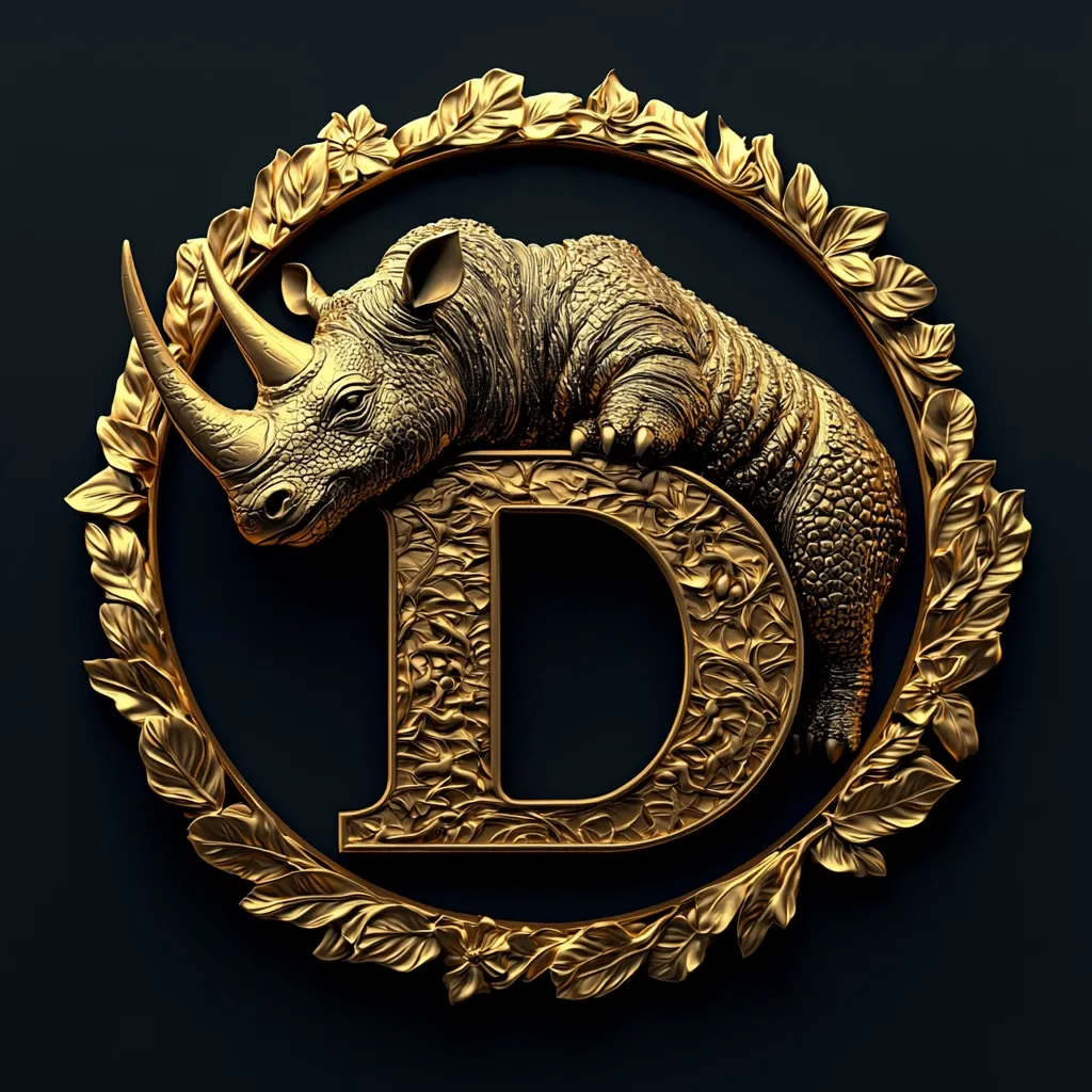 Here's a description of the image:

The image showcases a three-dimensional, gold-colored rendering of the letter "D."  The "D" is ornately detailed with a floral, almost baroque, pattern. A stylized rhinoceros rests atop the letter, its body gracefully curving over the form. The entire composition is encircled by a golden laurel wreath, adding a sense of classic elegance. The dark background provides a stark contrast, highlighting the gold's rich texture and the intricate details of the design. The overall impression is one of luxury and sophistication.