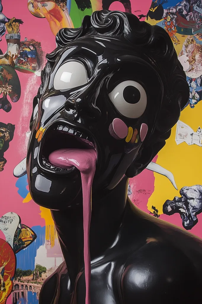 Close-up view of a black sculpted bust, seemingly male, with exaggerated features.  Large, white eyes with black pupils, an open mouth revealing a long, dripping pink tongue, and a glossy, dark surface dominate the sculpture.  The background is a vibrant collage of colorful paintings and images, creating a stark contrast with the dark figure. The style is surreal and expressive, blending classical sculpture with contemporary art techniques.  The overall effect is striking and somewhat unsettling.